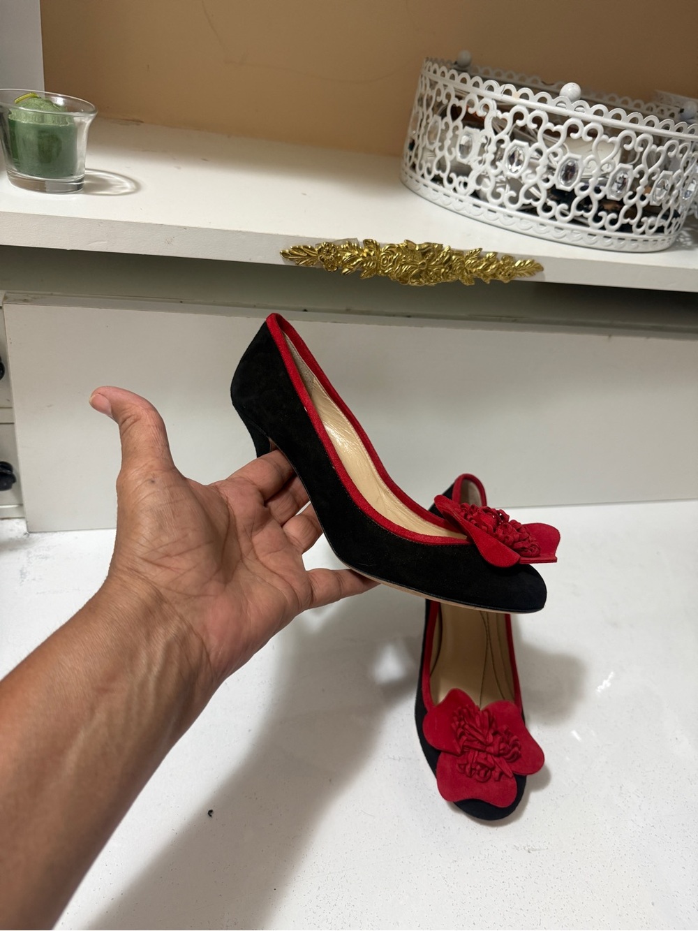 Kate Spade Black Suede Pumps with Red Trim and Floral Accent.Made in Italy - Picture 5 of 15